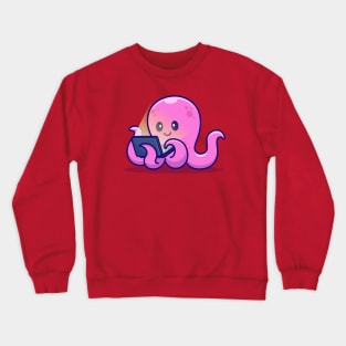 Cute Octopus Working On Laptop Cartoon Crewneck Sweatshirt